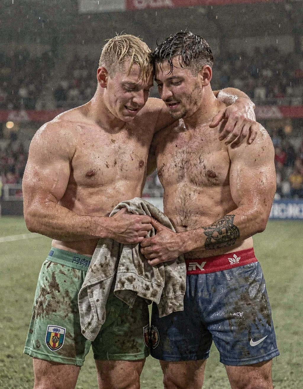 Dos jugadores de rugby sin camiseta aparecen abrazados bajo la lluvia en un estadio, con el cuerpo empapado, cubierto de barro y marcas del partido. Ambos tienen torsos musculosos y pantalones cortos embarrados; el de la izquierda lleva un short verde con un escudo deportivo, mientras el de la derecha viste un short azul con cinturilla roja y un tatuaje visible en el antebrazo. Inclinan la cabeza hacia una camiseta o toalla sucia que sujetan entre las manos, creando una escena de compañerismo, agotamiento y concentración tras un encuentro intenso. El fondo desenfocado muestra gradas y público, reforzando el ambiente de rugby profesional, lluvia, barro, esfuerzo físico y camaradería deportiva.