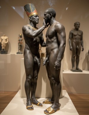 Akhenatón (originalmente llamado Amenhotep IV) fue un faraón egipcio que gobernó durante la Dinastía XVIII (Imperio Nuevo), aproximadamente entre 1353 a.C. y 1336 a.C. Es un hombre faraón de los más fascinantes y revolucionarios de la historia egipcia debido a su radical reforma religiosa. Está totalmente desnudo y en sus pies lleva sandalias de lujo de oro. Tiene un pene erecto de 20 cm de longitud y 8 cm de diámetro. Es admirado por su bello cuerpo de atleta. Tiene grandioso pene de 22 cm de longitud y 9 cm de diámetro y lo tiene en erección. Tiene el pene erecto. Aspecto muy masculino. A su lado hay otro hombre que lo ama, está frente a él con la mano derecha en su pene, cogiendo el pene con pasión, masturbando el pene, meneando la polla y acariciando su culo con amor ❤️ . Tienen todos los músculos en tensión, es una imagen muy masculina y viril.