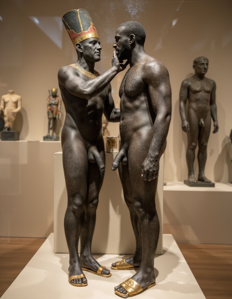 Akhenatón (originalmente llamado Amenhotep IV) fue un faraón egipcio que gobernó durante la Dinastía XVIII (Imperio Nuevo), aproximadamente entre 1353 a.C. y 1336 a.C. Es un hombre faraón de los más fascinantes y revolucionarios de la historia egipcia debido a su radical reforma religiosa. Está totalmente desnudo y en sus pies lleva sandalias de lujo de oro. Tiene un pene erecto de 20 cm de longitud y 8 cm de diámetro. Es admirado por su bello cuerpo de atleta. Tiene grandioso pene de 22 cm de longitud y 9 cm de diámetro y lo tiene en erección. Tiene el pene erecto. Aspecto muy masculino. A su lado hay otro hombre que lo ama, está frente a él con la mano derecha en su pene, cogiendo el pene con pasión, masturbando el pene, meneando la polla y acariciando su culo con amor ❤️ . Tienen todos los músculos en tensión, es una imagen muy masculina y viril.