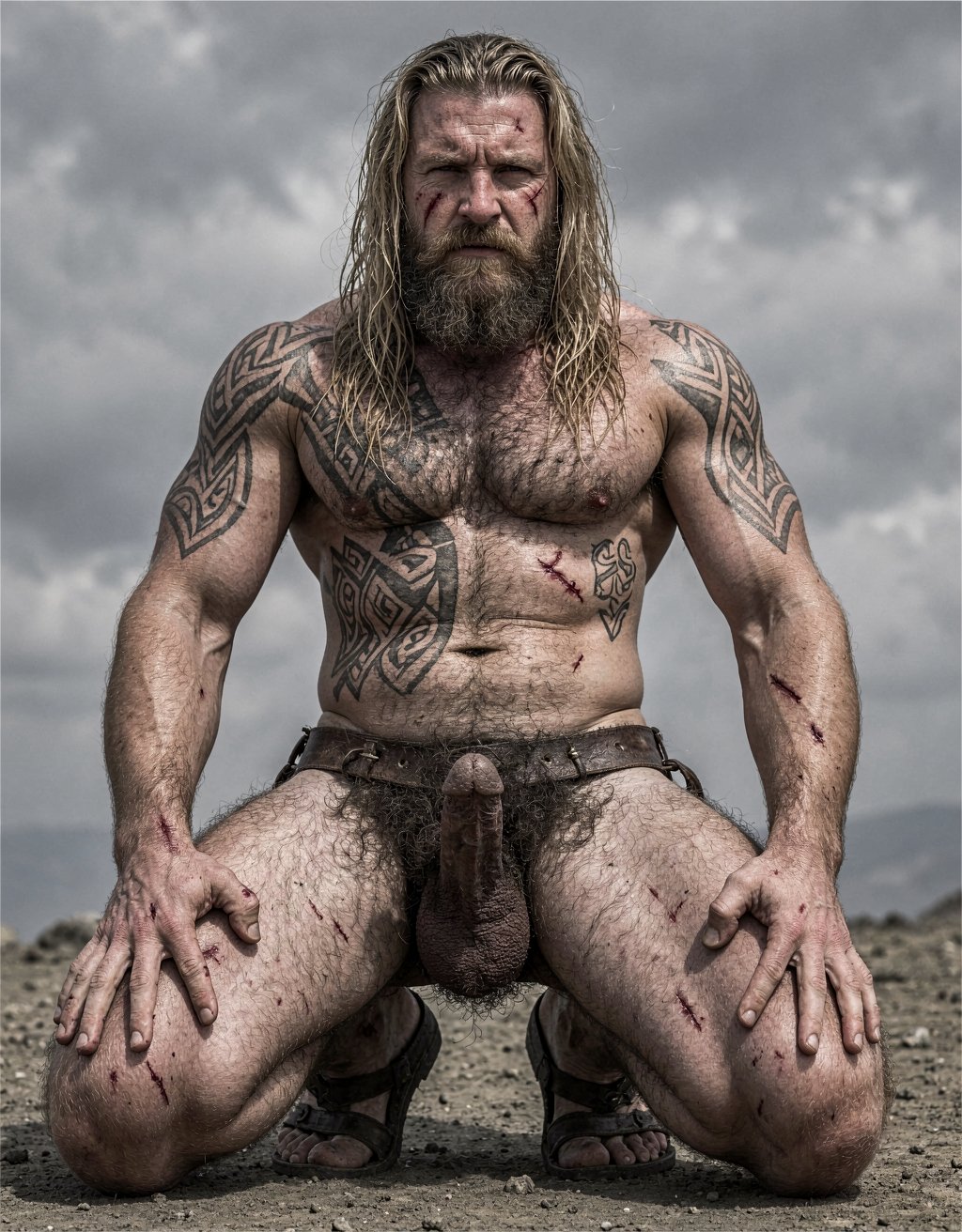 Amleth (Alexander Skarsgård) — Está de cuerpo entero desde los pies hasta la cabeza. Es el protagonista de la historia y es el príncipe vikingo que presencia el asesinato de su padre, el rey Aurvandil. Jura venganza y se convierte en un berserker implacable. Físicamente es una bestia: masivo, tatuado, cubierto de cicatrices, pelo largo y sucio. Su motivación es animal, casi mística. No es un héroe noble; es pura rabia y destino. ---
Altura imponente, unos 194 cm. Cuerpo masivo, musculatura densa y trabajada, no estilizada — parece esculpido a hachazos. Pectorales anchos y marcados y definidos, abdomen marcado pero muy definido como un culturista; es un cuerpo de 7% de grasa corporal, de guerrero que ha pasado años remando, luchando y matando. Hombros desproporcionadamente anchos, cintura más estrecha y pequeña. Brazos fuertes marcados y definidos con venas visibles en antebrazos y bíceps cuando empuña el hacha. Muslos poderosos, pantorrillas fibrosas. Piel pálida, casi grisácea bajo la suciedad y la sangre, cubierta de cicatrices: una grande que le cruza el torso, cortes menores en brazos y costillas. Tatuajes oscuros y densos — símbolos nórdicos, runas, líneas geométricas — que le cubren el pecho, los hombros y parte de la espalda. Vello corporal oscuro, especialmente en el pecho y el pubis. Cara angulosa, mandíbula cuadrada, pómulos marcados. Barba espesa y desigual, más larga en la barbilla, mezcla de rubio sucio y castaño claro, a menudo enmarañada. Pelo rubio sucio, largo, lacio, con mechones más oscuros por la mugre, a veces recogido. Cejas espesas, ojos azul pálido, mirada fija y desquiciada, con un brillo de locura contenida. Labios finos y agrietados. Cicatriz en el labio superior que le tira ligeramente la comisura. Su olor sería a cuero mojado, sudor rancio, hierro y tierra.
Tiene una polla proporcional a su tamaño de 22 cm de largo y 4 cm de ancho; está circuncidado, con el glande grueso y visible; el tronco del pene es largo, con venas marcadas que le recorren el lateral; tiene un vello púbico denso, oscuro, en forma de V invertida que le sube hasta el ombligo; tiene testículos grandes, colgando ligeramente asimétricos, con la piel del escroto arrugada y más clara que el resto del cuerpo; el pene erecto se curva ligeramente hacia arriba, con la cabeza bien definida y el frenillo tirante; su pene es una herramienta brutal, acorde con el berserker que la porta. Lleva sandalias vikingas en sus pies. Tiene mucho vello corporal, sobre todo en el pecho.
Se agacha y tensa sus brazos hacia arriba para enseñar sus bíceps y tríceps…