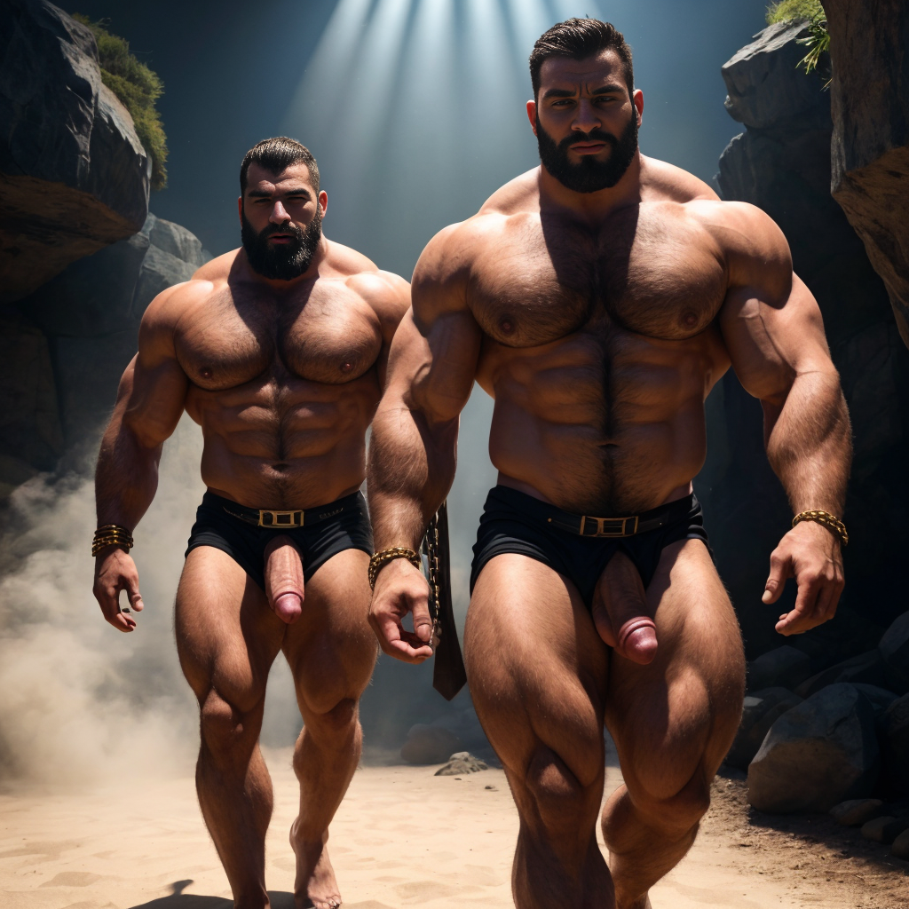 Dos hombres machos musculosos desnudos muy viriles con pene grande y testículos grandes y peludos. Caminando 10 ⛓️ 🫵🏼 🧞 🧞‍♂️🧖🏻‍♂️ 🧖🏻‍♂️ 