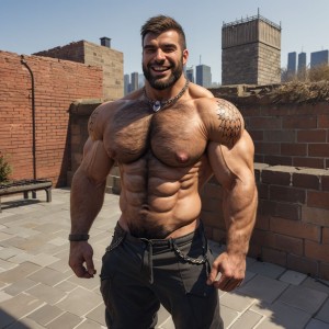 1chico  3d  abs  bara  barba  cerca de eslabones de cadena  chimenea  ciudad collar  edificio  enfoque masculino  fondo de foto  fondo de panal  hombre musculoso hombre sin camiseta  ladrillo  mur de ladrillos  mur de piedra  muscular  paisaje urbano panal (patrón)  pared  parte superior del cuerpo  pavimento  pectoral  pectorales grandes pezones  rascacielos  ruinas  solo  sonrisa  suelo de ladrillos  suelo de piedra  tatuaje valla  vello del pecho  vello facial