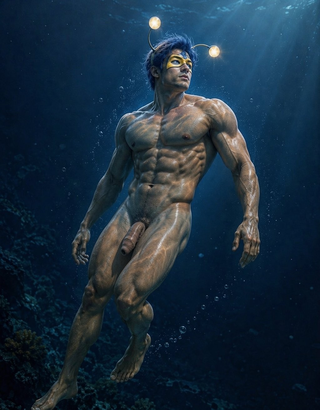 A naked, muscular man floats underwater in an underwater fantasy scene, with his athletic body illuminated by bluish beams that highlight his abs, chest, arms, and legs. He wears a golden mask around his eyes and a headdress with two antennae tipped with luminous spheres, evoking a bioluminescent sea creature. His dark hair moves gently in the water, while small bubbles rise around him. The penis remains visible in a natural position, without a sexual gesture, within an artistic composition centered on anatomy, physical strength, and the deep ocean environment.