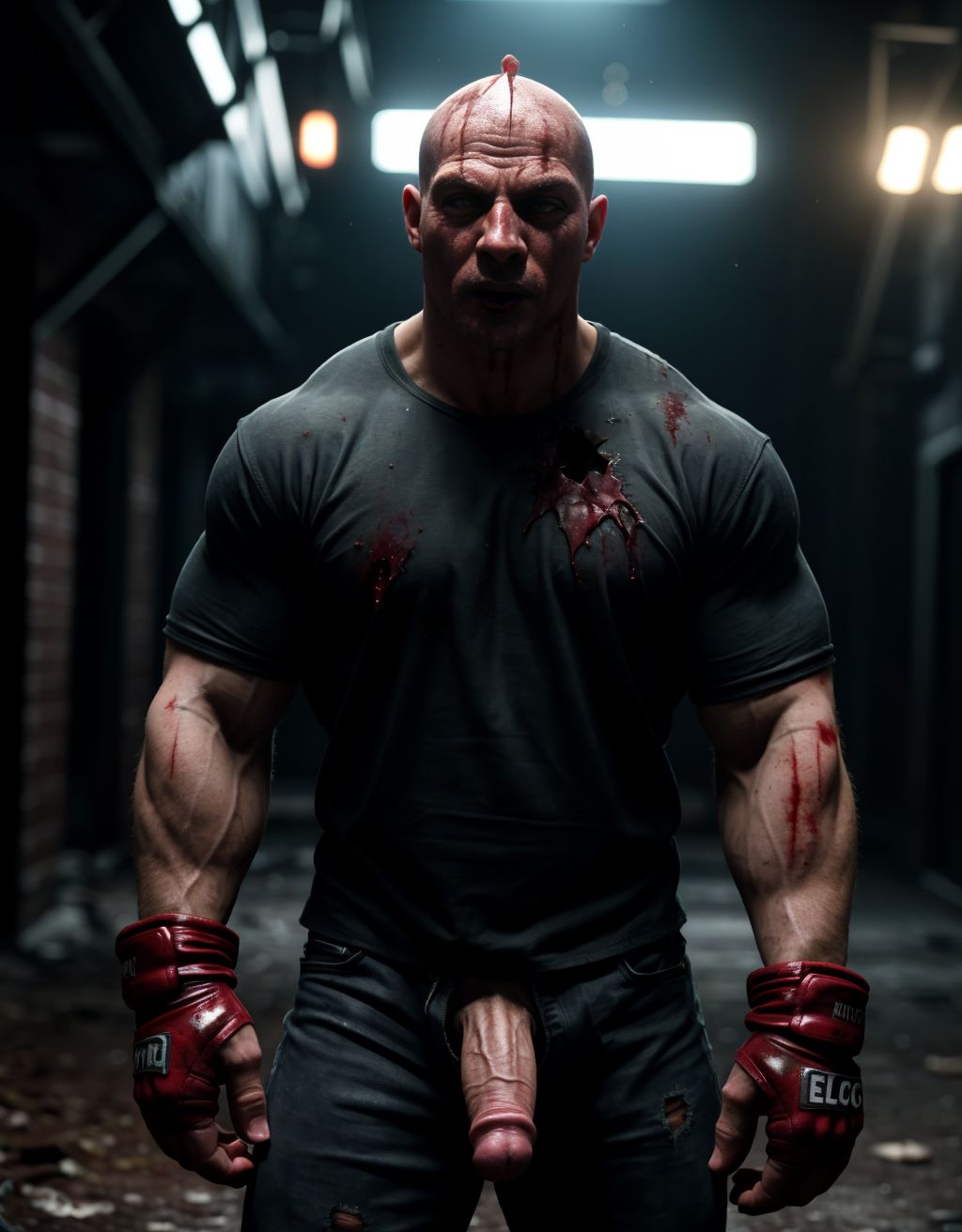 Hombre musculoso vestido de slasher, máscara de hockey ensangrentada, pene erecto visible, ropa rasgada y manchada de sangre, fondo oscuro y sombrío, iluminación tenue, atmósfera aterradora y violenta.