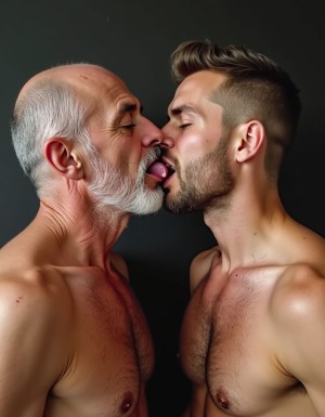 hombre de 60 años, calvo, pecho peludo, sin camisa. besando a un chico joven de 30 años  con lengua
