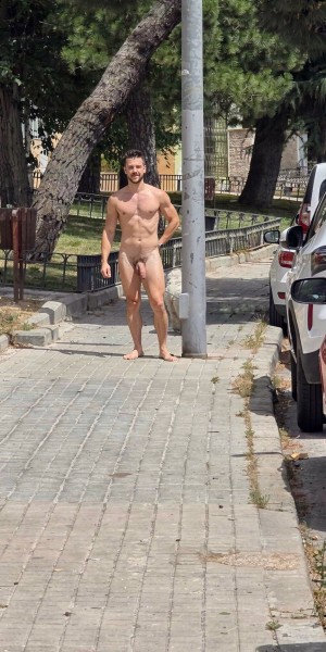 Un hombre desnudo permanece de pie en una acera urbana, descalzo y mirando hacia la cámara, con el cuerpo completamente expuesto, incluido el pene, en una postura relajada con un brazo junto al cuerpo y el otro apoyado en la cintura. La escena transcurre en una calle arbolada con pinos, una farola alta en primer plano, pavimento de baldosas, bordillos y una zona vallada al fondo. A la derecha hay coches aparcados junto a la calzada, mientras la luz del día resalta el contraste entre la desnudez del hombre y el entorno cotidiano de barrio, con sombras de árboles y mobiliario urbano alrededor.