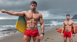 Dos sufistas jóvenes sin neopreno, llevan un boxer rojo marcando paquete, están en una playa de Queensland, Australia, llevan sus tablas a cuestas, se avecina una tormenta de verano. 