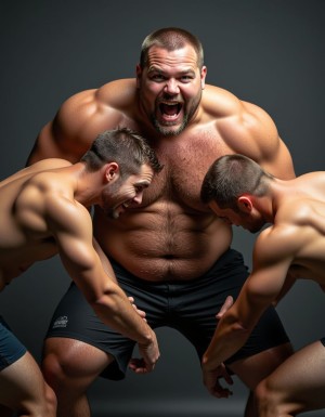 Hombre robusto y grande siendo humillado y dominado por dos hombres menos fuertes físicamente pero aparentemente muy superiores a el