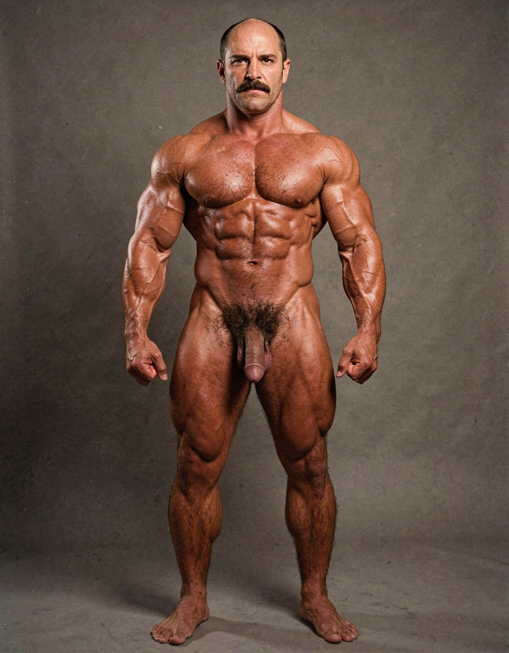 Mike Morris, the 32-year-old Caucasian bodybuilder with an athletic and extremely defined muscular physique, stands at full attention in a strict military pose, feet together, legs straight, back rigidly upright, shoulders back, chest thrust forward, arms at his sides with fists clenched, and head held high looking straight ahead with a serious, almost threatening expression. Full body shot from the tips of his toes to the top of his bald head. He is completely naked. His advanced Norwood III-IV male pattern baldness is clearly visible, with a shiny tanned scalp on top, short dark brown hair only on the sides and back. His square, angular face with strong jaw, prominent cheekbones, thick dark handlebar mustache, heavy brows, and intense deep-set brown eyes under slightly hooded lids stares forward with firm authority. His massive square pectorals are pushed out, dark brown chest hair forming a dense classic T-pattern down the sternum and spreading across his wide six-pack abs. Small dark nipples sit low on the pecs. A trail of dark hair leads to an extremely dense, thick, curly dark brown pubic bush that climbs almost to his navel. His heavy 14 cm flaccid cock hangs thick over large, low-hanging hairy testicles, the skin of the shaft noticeably lighter than his tanned body. Powerful veined forearms, developed traps flowing into delts, defined quads with visible separation, diamond-shaped calves, and hairy feet complete the figure. Warm directional studio lighting from above and slightly to the side creates sharp highlights on his oiled skin, deep shadows that accentuate every muscle fiber, the texture of his dense body hair, and the contrast between his tanned body and lighter genital area. Photorealistic, 1970s Colt Studio aesthetic, high contrast, masculine and commanding presence, grainy film texture.