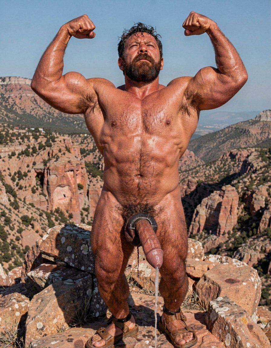 A hyper-masculine ancient Zapotec warrior named Cocijo, 26 years old, standing perfectly still under the brutal midday sun on the rocky summit of Cerro La Cantera in San Pablo Huitzo, Oaxaca, 600 AD. Completely naked except for worn leather strip sandals. Square jaw clenched, thick veiny neck, bronze skin drenched in sweat. Extremely powerful and fully flexed physique: massive square pectorals tensed to the maximum, thick dark wet chest hair matted against the hard muscle, large erect nipples. Deeply carved eight-pack abs glistening with sweat, thick black treasure trail running down to a dense dark pubic bush. Enormous arms raised and flexed hard overhead, biceps bulging like cannonballs with thick veins, triceps perfectly defined and tensed like horseshoes. Thick hairy thighs locked in full tension. His massive 35cm cock is rock-hard and throbbing violently, held tightly at the very base by Gayon Von Neumann’s strong hand, the swollen head continuously leaking thick white precum that runs down the shaft and over the fingers. A thick black leather cock ring is locked brutally tight at the root, behind his heavy balls, making the entire package look painfully swollen, darker and pulsing non-stop. Cocijo stares straight up with total obedience, every muscle in his body still tensed and displayed for inspection. Raw, dominant, extremely virile ancient masculine atmosphere, dramatic sunlight casting strong shadows on every ridge of muscle, hyper-realistic and extremely detailed.