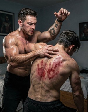 Two muscular and sweaty men appear in a room with dim lighting, both shirtless and wearing dark pants, in an intense scene of physical domination and corporal punishment. The standing man, with a short beard, hair combed back and tattoos on his arm, raises a closed fist while resting the other hand on the back of the second man, who is bent forward with his head down. The naked back of the bent man shows red marks, scratches and several bloody handprints, standing out on the damp skin. In the background, a disordered bed, dark walls and framed pictures can be distinguished, creating a private, raw and tense atmosphere.