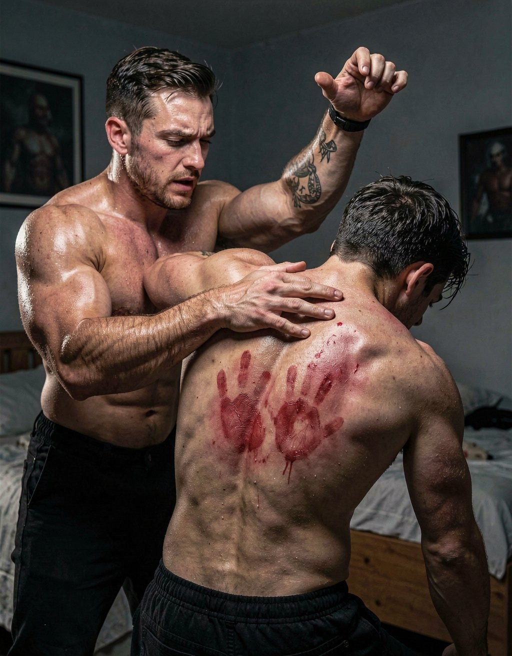 Two muscular and sweaty men appear in a room with dim lighting, both shirtless and wearing dark pants, in an intense scene of physical domination and corporal punishment. The standing man, with a short beard, hair combed back and tattoos on his arm, raises a closed fist while resting the other hand on the back of the second man, who is bent forward with his head down. The naked back of the bent man shows red marks, scratches and several bloody handprints, standing out on the damp skin. In the background, a disordered bed, dark walls and framed pictures can be distinguished, creating a private, raw and tense atmosphere.
