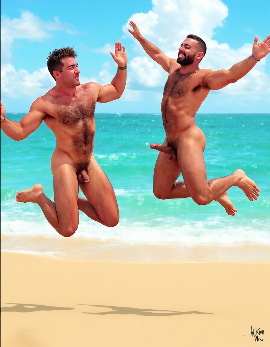 Solo hombres desnudos musculosos. Tienen un pene erecto de 50 cm de longitud y 8 cm de diámetro. Dibujos tipo KAKE de Tom of Finland.
((Kake Comics)). Antonio tiene un pene de 50 cm de longitud y 8 cm de diámetro. Juan tiene músculos muy definidos y tiene mucho vello es muy peludo. Están saltando alegremente. Fondo de una playa con mar precioso. Fondo de hombres desnudos morenos