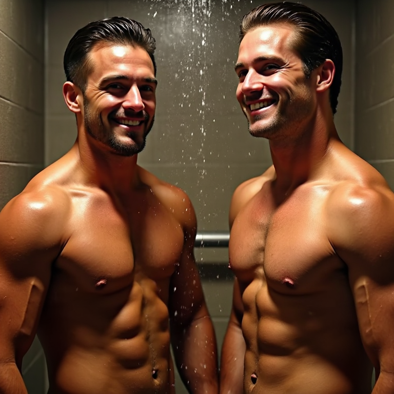 Hombres muy atractivos y musculosos en la ducha del gimnasio, agua cayendo sobre sus cuerpos tonificados, gotas de agua resbalando sobre su piel bronceada, músculos definidos, torsos desnudos, cabello mojado y peinado hacia atrás, sonrisas confiadas y expresiones sensuales, luz cálida y vaporosa del gimnasio, ambiente relajado y sensual, foco en la desnudez y la sensualidad, detalles realistas de la piel y el agua, iluminación suave y cálida, hombres disfrutando del momento, cuerpos atléticos y atractivos, escena íntima y provocativa.