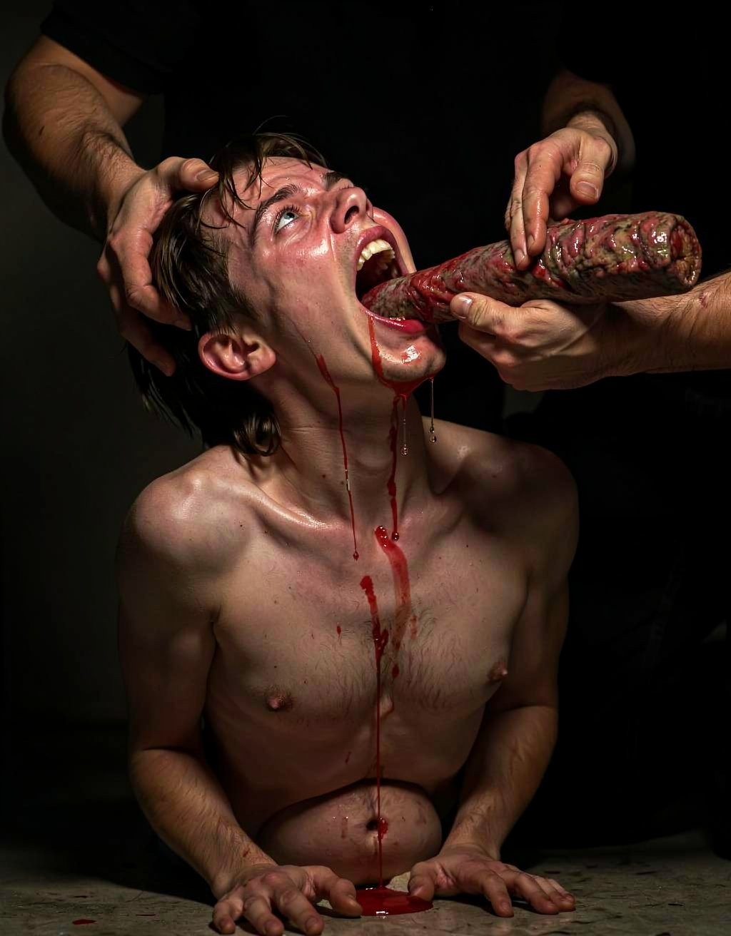 Un hombre desnudo de torso, arrodillado y con expresión de terror, tiene la boca abierta mientras varias manos lo sujetan por la cabeza y le introducen a la fuerza una gran pieza de carne cruda o embutido ensangrentado. La escena es oscura y dramática, con iluminación dura que resalta el sudor, la piel enrojecida, los ojos desorbitados y los hilos de sangre que caen desde la boca por el cuello, el pecho y el abdomen hasta formar un charco en el suelo. La composición transmite violencia, sometimiento, humillación y estética de horror corporal, con un ambiente teatral, claustrofóbico y perturbador.