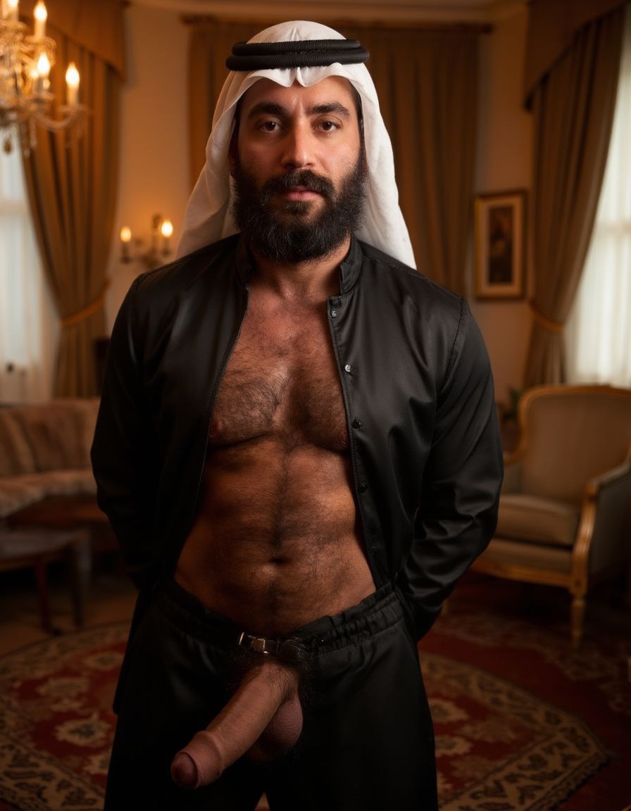 La imagen es explícita y muestra claramente el pene erecto, peludo y lleno de venas del hombre árabe. Un hombre árabe maduro de unos 50 años, con barba y bigote espesos, y un cuerpo peludo, viste un traje tradicional árabe, pero está desabrochado, mostrando su pecho velludo. Su mirada es intensa y dominante. Está de pie en una habitación lujosa con alfombras y cortinas de seda, con una iluminación cálida y sensual. La polla del maduro es gruesa de 40 cm de longitud y 8 cm de diámetro y es peluda, y está a punto de eyacular. 