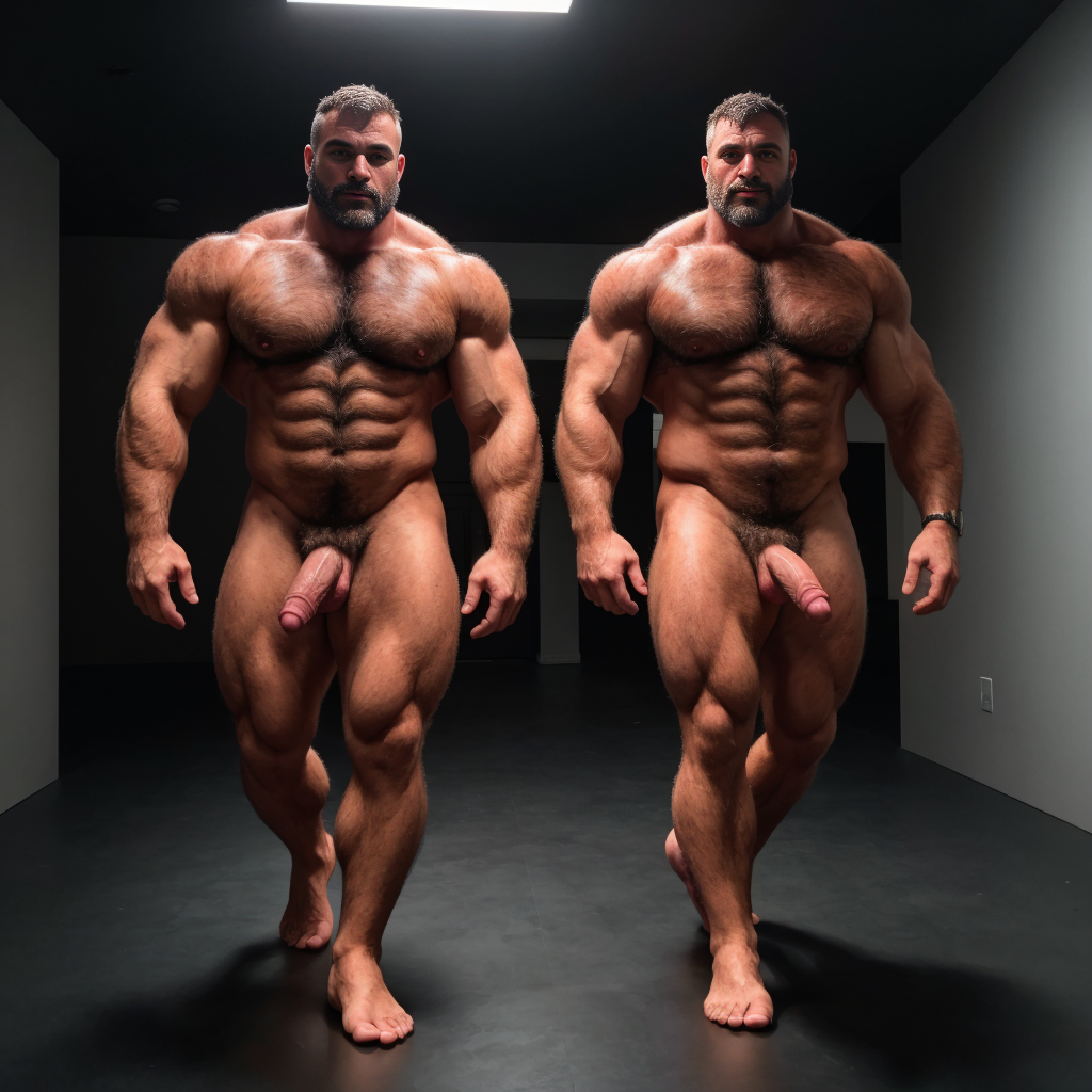 Dos hombres machos musculosos desnudos muy viriles con pene grande y testículos grandes y peludos. Caminando 10😱
