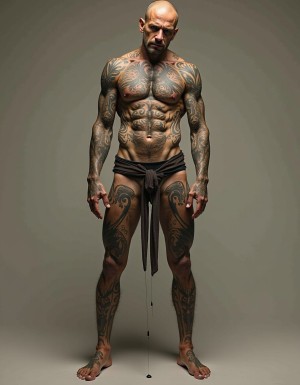 Bald, very muscular man standing in a studio with a gray-green background, looking downward with a serious and intense expression. His bare torso displays highly defined abs, pronounced pectorals, and extensive coverage of black and gray tattoos running across his neck, chest, arms, hands, thighs, legs, and feet, with symmetrical ornamental and tribal motifs. He wears a minimal black garment like a loincloth or cloth belt tied at the waist, with long strips falling down the front almost to the floor, leaving the hips, thighs, and most of the body visible. The soft lighting highlights the anatomy, tattooed skin, and firm frontal pose, creating an aesthetic of artistic portraiture, physical strength, and alternative style.