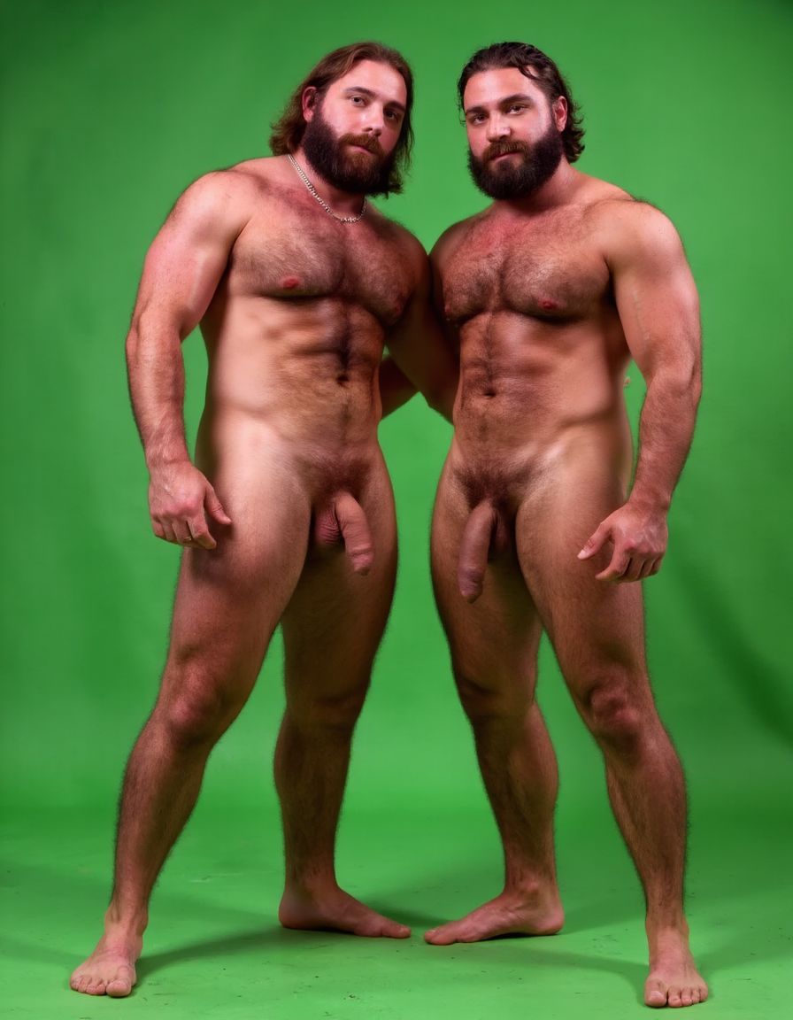 Dos guerreros musculosos de cuerpo delgado y alto, cuerpo completamente desnudo y velludo, mostrando polla venosa de 30 cm de longitud y 5 cm de grosor. Tienen la piel bronceada por el Sol, con pelo muy largo y barba. Tiene pies fuertes. Están contentos. Tienen músculos marcados definidos y sin nada de grasa. Tienen aspecto muy viril. Tienen cuerpo muy delgado pero con los músculos marcados y muy definidos. Están tensos haciendo fuerza para mostrar sus músculos marcados. Fondo verde. Están abrazados.