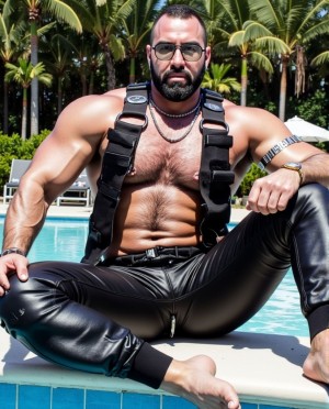 Macho escort, maduro hipermasculino, velludo, con barba poblada, gafas de ver, se encuentra sentado al borde de la piscina en un complejo gay de lujo de California tiene mirada severa, pantalón de cuero y arnés moderno en el pecho, deja ver sus pies perfectos, marca pezones, se exhibe en busca de clientes. Dos hombres maduros en albornoz lo observan desde la distancia. 
