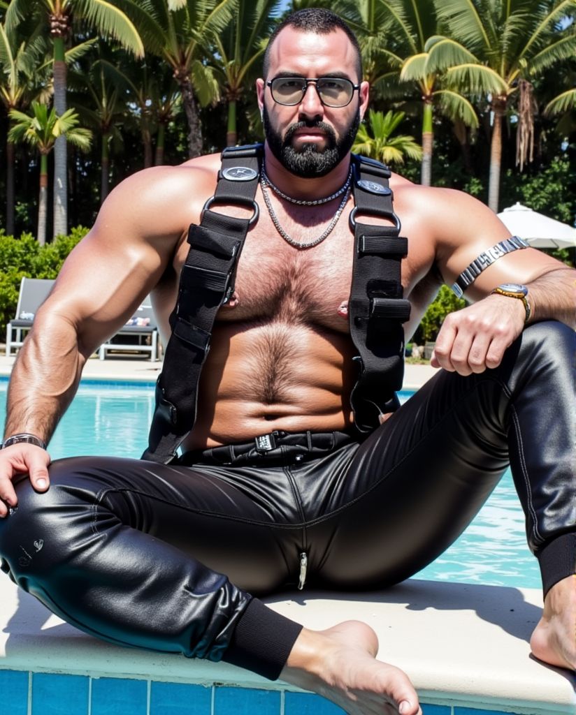 Macho escort, maduro hipermasculino, velludo, con barba poblada, gafas de ver, se encuentra sentado al borde de la piscina en un complejo gay de lujo de California tiene mirada severa, pantalón de cuero y arnés moderno en el pecho, deja ver sus pies perfectos, marca pezones, se exhibe en busca de clientes. Dos hombres maduros en albornoz lo observan desde la distancia. 