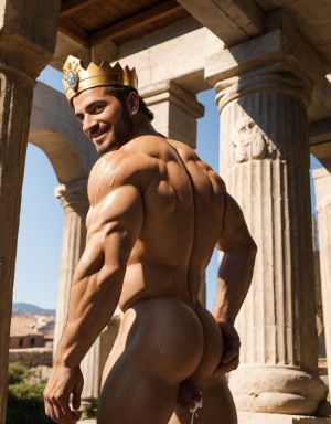 Hombre griego desnudo, sonriente, corona de oro y diamantes, pene grande eyaculando, testículos peludos, inclinado, enseñando ano y los testículos, mirando hacia atrás, dedo dentro del ano, entre casas antiguas con columnas y estatuas, sol de tarde, piel bronceada, músculos definidos, ojos brillantes, sensual y apasionado. Tiene los testículos gordos.