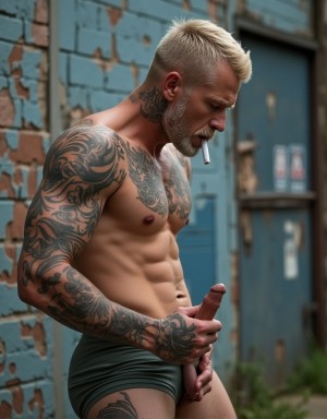 Macho maduro hiper masculino, muy musculoso, con grandes tatuajes,está fumando a un cigarrillo delante de la tapia de una fábrica mientras se masturba