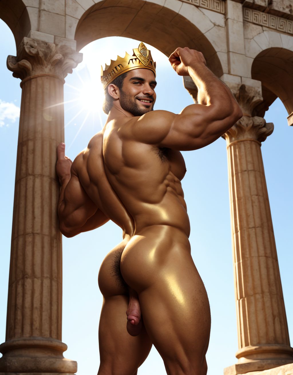 Hombre griego desnudo, sonriente, corona de oro y diamantes Tiene un pene perfecto y grande. Tiene testículos perfectos y peludos y son visibles. Está inclinado, enseñando ano. Está mirando hacia atrás con ojos brillantes. Está entre columnas y estatuas antiguas, sol de tarde. Tiene la piel bronceada, músculos definidos, sensual, apasionado y erótico, con un toque de luz dorada resaltando su anatomía. Tiene testículos grandes perfectos redondos y muy bonitos. Tiene cuerpo perfecto. Está de espalda y enseña su ano perfecto. Enseña su testículos grandes y redondos llenos de vello. Está inclinado para enseñar el ano abierto y sus testículos redondos grandes.