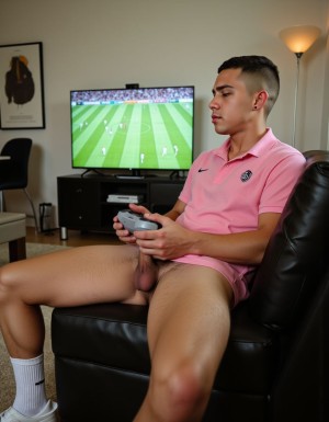 A handsome 19-year-old Colombian guy with short buzzed hair sitting on a luxury leather sofa, leaning forward playing PlayStation with a game controller in his hands, wearing a tight pink polo shirt and black shorts with high white athletic socks, concentrated expression looking at a large TV screen showing FIFA game, modern expensive apartment living room background with designer furniture and artwork, natural lighting from window, realistic photography style, 8K quality