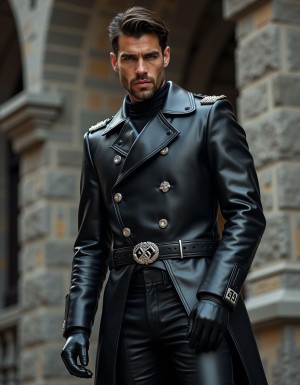 Hombre francés aristocrático de 32 años extremadamente guapo, Étienne de Montfort, vizconde francés, pelo castaño oscuro corto peinado con raya lateral perfecta, ojos marrones intensos penetrantes, mandíbula cuadrada fuerte, pómulos marcados aristocráticos, barba de dos días recortada, nariz recta, labios masculinos definidos, expresión dominante sádica y cruel, mirada despiadada. Cuerpo musculoso muy definido: pectorales marcados, brazos musculados con venas visibles, abdomen six-pack, hombros anchos, físico atlético de crossfit. Viste uniforme completo SS de cuero negro: chaqueta de cuero negro ajustada brillante con insignias plateadas en cuello, cinturón de cuero negro con hebilla plateada, pantalones de cuero negro entallados metidos dentro de botas altas de equitación de cuero negro brillante hasta las rodillas con hebillas laterales. Foto tomada desde el suelo en ángulo contrapicado extremo (cámara a la altura de las botas mirando hacia arriba), plano medio mostrando desde las botas hasta el torso superior, botas brillantes en primer plano ocupando el tercio inferior, Étienne de pie con postura autoritaria militar, piernas ligeramente separadas, manos en cinturón, mirando hacia abajo a cámara con expresión de superioridad absoluta y sadismo refinado, iluminación dramática cinematográfica con sombras duras, fondo piedra gris castillo medieval, fotorrealista hiperrealista, calidad 8K ultra detallada.