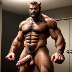 Un hombre de aspecto fantástico y extremadamente musculado posa desnudo en una habitación interior, con el cuerpo cubierto de vello oscuro, torso ancho, abdominales muy marcados, brazos enormes y puños cerrados en actitud desafiante. Tiene barba negra espesa, ceño fruncido, mirada intensa y pequeños cuernos en la cabeza, lo que le da una apariencia de criatura híbrida o demoníaca. La iluminación superior resalta la musculatura, las venas y el volumen del pecho, hombros y muslos. Su pene y sus testículos quedan completamente visibles en primer plano, sin ropa ni accesorios. Al fondo aparecen paredes lisas y unas puertas de armario claras, creando un contraste sobrio con la figura imponente y dominante.