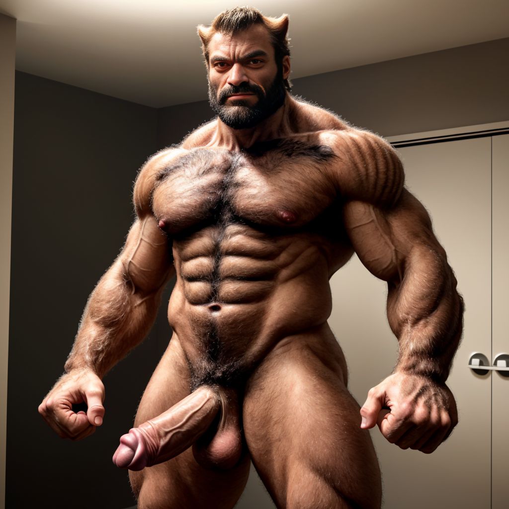 Hombre gigante peludo, tipo Wolverine, con pene erecto grande, musculoso, ojos ardientes, cuerpo velludo, erección prominente, necesidad sexual intensa, de pie, exagerando su gran tamaño y altura, mostrando su anatomía detallada y sensual.