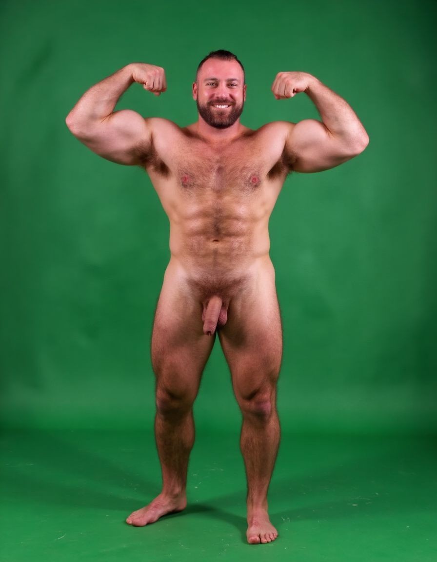 hombre culturista de 35 años posando desnudo de cuerpo completo, sonriente, tensa los bíceps, tiene un pene de 40 cm de longitud y 7 cm de diámetro, grandes dorsales, piernas, cintura estrecha, un poco calvo, grandes pezones rosas. Tiene un pene de 40 cm de longitud y 7 cm de diámetro. Tiene mucho vello en pecho y brazos y piernas. Tiene testículos de 10 kg de peso y están colgando. Tiene pies con sus uñas rojas. Fondo verde.