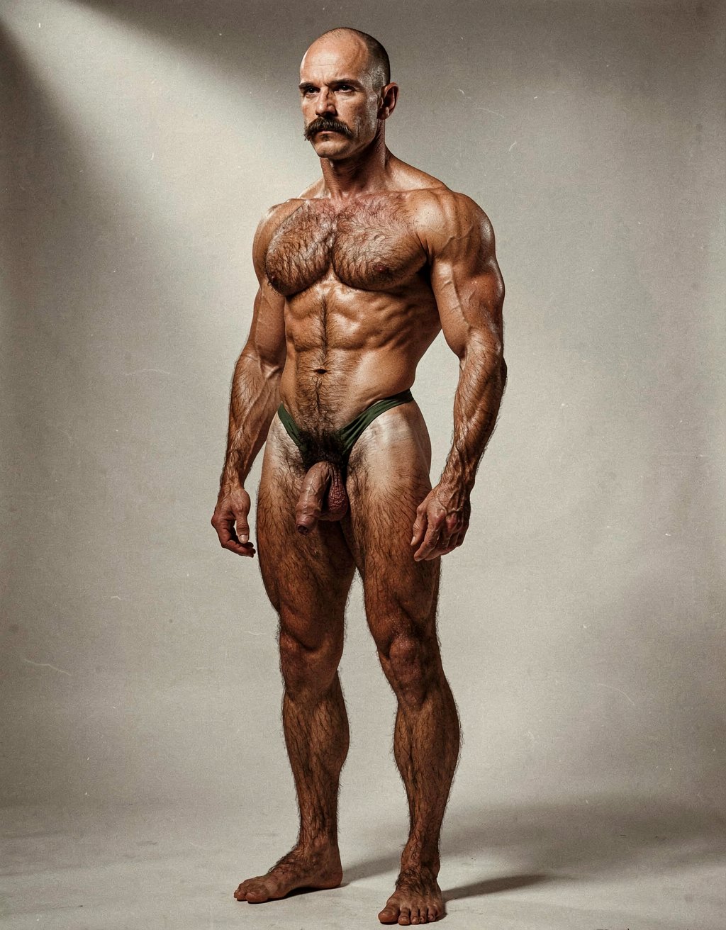 Mike Morris, a 32-year-old extremely lean Caucasian male with only 8% body fat, stands completely naked in a strict military attention pose captured in a full-body three-quarter view at a slight 45-degree angle. The shot runs from the tips of his size 44 slightly hairy feet all the way up to the top of his bald head, showing his entire body without any cropping. His physique is dry, vascular and powerfully defined: massive square pectorals covered in dense dark brown chest hair forming a thick T-pattern, sharply carved six-pack abs, narrow waist, wide flaring lats, and thick muscular thighs with dense dark hair. Dramatic directional studio lighting falls from high and slightly to the left, creating bright highlights on his tanned skin, the texture of his dense body hair across his chest, lower back and legs, and deep shadows that accentuate every muscle separation and vein. His advanced Norwood III-IV bald scalp is clearly visible, with short dense dark brown hair only on the sides and back of his head. His square, angular face with prominent jaw, thick dark handlebar mustache, heavy brows and intense deep-set brown eyes stares straight ahead with a serious, commanding expression. His penis is fully visible, completely natural and realistic: thick, 24 cm long when erect, with natural upward curve, prominent veins along the shaft, long foreskin that partially covers the pink-red glans, and realistic skin texture noticeably lighter than his bronzed body. Below it hang his large, low-hanging testicles with wrinkled darker skin and dense dark brown hair. The extremely thick, curly dark brown pubic bush climbs almost to his navel and spreads generously around the base of his cock and balls. Every detail from his veined hands and forearms to his diamond calves and hairy toes is perfectly proportioned and anatomically correct. Photorealistic, high-contrast, masculine 1970s Colt Studio aesthetic with subtle grainy film texture. Tiene puesto un ajustado tanga estrecho verde oscuro. 