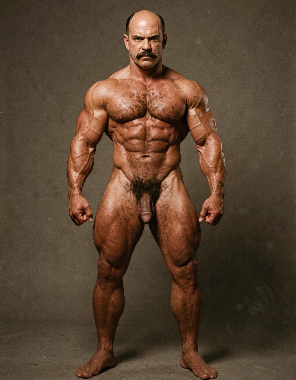 Mike Morris, the 32-year-old Caucasian bodybuilder with an athletic and extremely defined muscular physique, stands at full attention in a strict military pose, feet together, legs straight, back rigidly upright, shoulders back, chest thrust forward, arms at his sides with fists clenched, and head held high looking straight ahead with a serious, almost threatening expression. Full body shot from the tips of his toes to the top of his bald head. He is completely naked. His advanced Norwood III-IV male pattern baldness is clearly visible, with a shiny tanned scalp on top, short dark brown hair only on the sides and back. His square, angular face with strong jaw, prominent cheekbones, thick dark handlebar mustache, heavy brows, and intense deep-set brown eyes under slightly hooded lids stares forward with firm authority. His massive square pectorals are pushed out, dark brown chest hair forming a dense classic T-pattern down the sternum and spreading across his wide six-pack abs. Small dark nipples sit low on the pecs. A trail of dark hair leads to an extremely dense, thick, curly dark brown pubic bush that climbs almost to his navel. His heavy 14 cm flaccid cock hangs thick over large, low-hanging hairy testicles, the skin of the shaft noticeably lighter than his tanned body. Powerful veined forearms, developed traps flowing into delts, defined quads with visible separation, diamond-shaped calves, and hairy feet complete the figure. Warm directional studio lighting from above and slightly to the side creates sharp highlights on his oiled skin, deep shadows that accentuate every muscle fiber, the texture of his dense body hair, and the contrast between his tanned body and lighter genital area. Photorealistic, 1970s Colt Studio aesthetic, high contrast, masculine and commanding presence, grainy film texture.