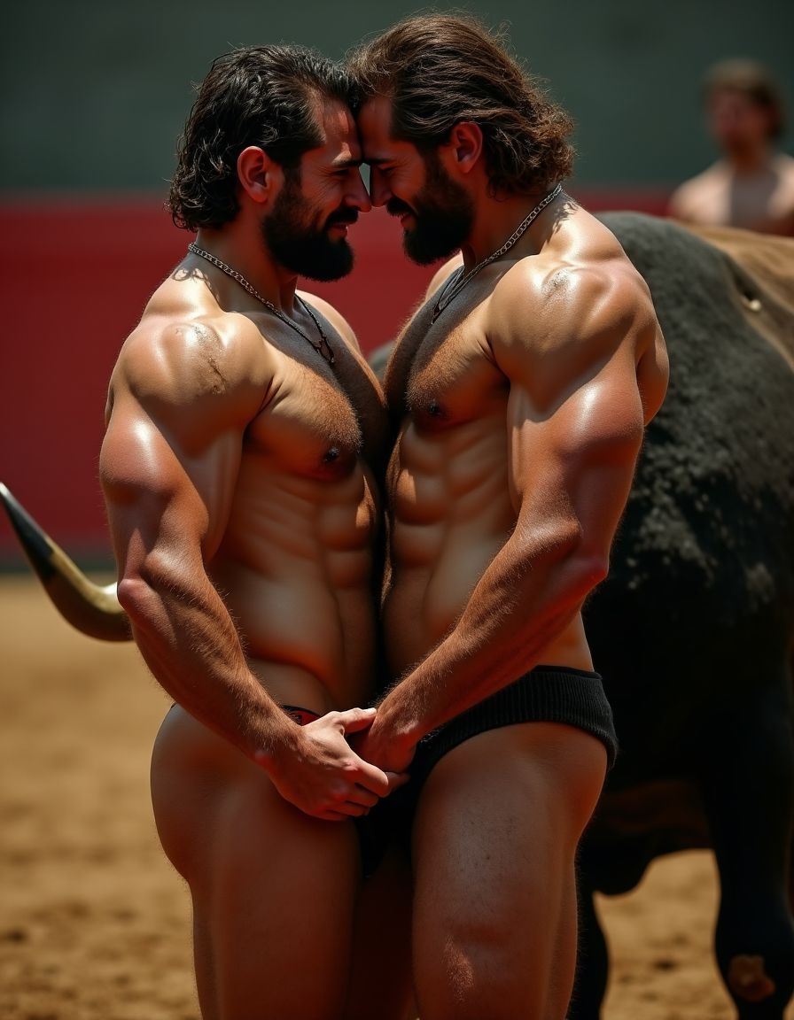 Un torero español musculoso y velludo de 50 años, con torso atlético y marcado, se muestra completamente desnudo, destacando su pene de 30 cm de longitud y 5 cm de grosor, perfectamente formado y rodeado de un denso vello púbico castaño oscuro. Sus testículos, perfectamente formados, cuelgan de forma prominente. La piel bronceada y sudorosa resalta su musculatura definida, con pectorales y abdominales bien marcados y sin grasa. El cabello largo y castaño oscuro está despeinado y sudoroso, con gotas de sudor resbalando por su frente y mejillas. Una barba incipiente y un vello corporal denso que se extiende por su pecho, piernas y brazos completan su apariencia viril. Lleva zapatillas doradas en sus pies.

A su lado, un hombre musculoso y velludo de 30 años, completamente desnudo, muestra un pene de 30 cm de longitud y 7 cm de grosor, hermoso y perfecto, rodeado de un denso vello púbico pelirrojo. Su piel bronceada y sudorosa muestra una musculatura definida, con pectorales y abdominales muy marcados. Tiene cabello pelirrojo despeinado y sudoroso. Tiene una barba pelirroja densa pero bien recortada. El vello corporal pelirrojo denso cubre su pecho, y tiene mucho vello pelirrojo en sus piernas y brazos, lo que realza su apariencia masculina y atlética. Están en la plaza de toros con un toro salvaje. Se aman

Ambos hombres se encuentran en una plaza de toros, con sombras que resaltan su musculatura y vello corporal, creando un ambiente sensual y cargado de tensión. Están en pleno acto de pasión, con sus penes erectos y testículos prominentes ,destacando su musculatura, vello corporal y atributos viriles en una imagen impactante y llena de energía. La escena está llena de sensualidad y poder, con los dos hombres como protagonistas, en un ambiente cargado de pasión y erotismo. La imagen es híper realista, con detalles de alta calidad, y muestra la unión de los dos hombres en un acto de pasión y dominio, con sus cuerpos musculosos y velludos completamente desnudos y visibles, mostrando su excitación y pasión en cada detalle. Tienen sus penes erectos. Están totalmente desnudos. Tienen un pene de 40 cm de longitud y 7 cm de diámetro. Son felices y sonríen. Amor. Se abrazan por la cintura con fuerza y pasión, están muy juntos. Sexo fuerte.