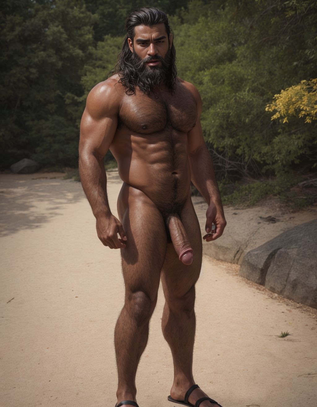Hombre de 25 años moreno totalmente desnudo que está de pie. Tiene pene grande perfecto. Tiene testículos grandes con mucho vello. Tiene mucho vello en el pecho. Tiene mucho vello en los brazos. Tiene la cara delgada dura y con barba. Es muy delgado. Está muy delgado. Tiene la boca semiabierta. Tiene sandalias verdes. Su pene está erecto.