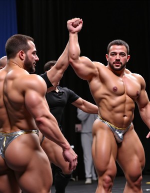 Primer plano realista fotográfico de cuatro culturistas muy musculosos en una exhibición, tienen sus cuerpos tensados mostrando mus musculaturas en diferentes posiciones, todos van desnudos con solo pequeños tangas de colores plateados y dorados mostrando grandes bultos en los pequeños tangas. Un árbitro levanta la mano del ganador. Todos gritan. 