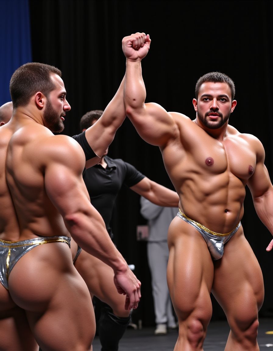 Primer plano realista fotográfico de cuatro culturistas muy musculosos en una exhibición, tienen sus cuerpos tensados mostrando mus musculaturas en diferentes posiciones, todos van desnudos con solo pequeños tangas de colores plateados y dorados mostrando grandes bultos en los pequeños tangas. Un árbitro levanta la mano del ganador. Todos gritan. 