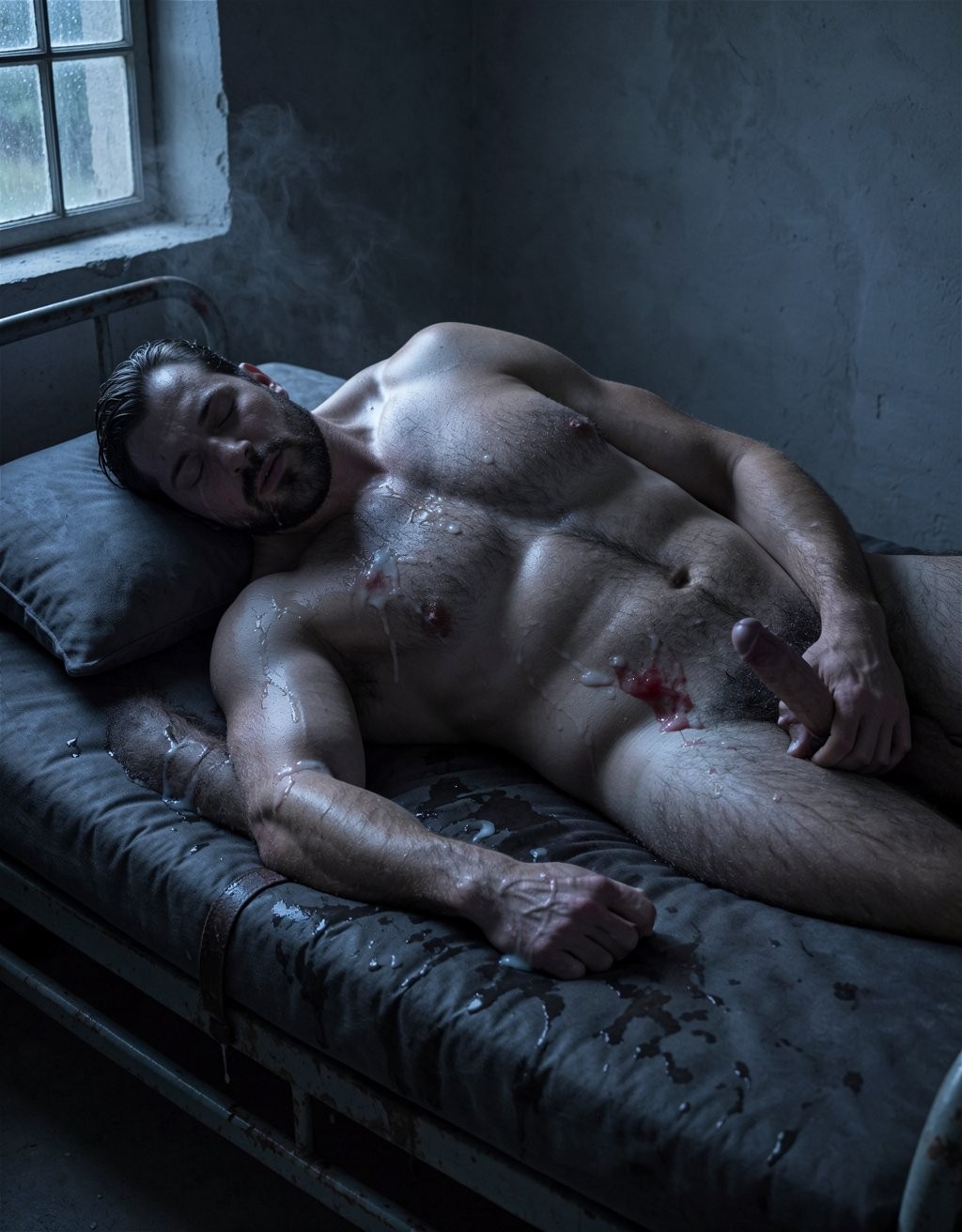 A cinematic photograph shot on a Hasselblad medium format camera, capturing the raw, intimate aftermath of a brutal sexual encounter between two enormously muscular, densely hairy men, in a dark military barracks at night, with a Spanish military soldier, bearded, tanned, and extremely muscular, lying collapsed face down on top of Superman, both in a prone position, the soldier's full, massive body weight resting on Superman's equally muscular, hairy body.

The soldier's head is turned sideways, resting on Superman's thick, muscular, hairy shoulder and neck area, with eyes closed, peacefully sleeping, and mouth slightly open, breathing slowly and deeply, his expression showing complete exhaustion and peaceful rest. His enormously muscular, densely hairy arms are draped loosely around Superman's massive, hairy shoulders and upper body in an unconscious embrace.

The soldier's massive, hairy, muscular back rises and falls slowly, gently, and rhythmically with each deep sleeping breath, every enormous muscle group now relaxed but still impressively defined beneath dense, dark, matted body hair, still damp with dried sweat. The soldier's muscular, hairy legs are intertwined with Superman's massive, hairy legs, both men's lower bodies pressed tightly together.

Superman's enormous, thick cock remains visibly inserted, buried deep inside the soldier's hairy, muscular ass, maintaining penetration while both men sleep. Superman lies unconscious beneath the soldier's crushing weight on a completely destroyed, dark, stained, saturated mattress, face turned slightly sideways, still wearing a red ball gag with dried white cum and dried bloody saliva coating his handsome features.

His closed eyes are crusted with dried cum, and his dark hair is matted and stiff with dried fluids. Superman's massive, hairy, muscular arms are still loosely restrained at the warped, bent, rusty military bed frame corners, wrists raw and bloody against leather straps, fingers relaxed and limp in deep unconsciousness.

Both men's enormously muscular, incredibly densely hairy bodies are covered everywhere in dried layers of white cum mixed with dried sweat, creating a dull, glistening coating across all visible skin and matted body hair. The completely destroyed, saturated mattress beneath both massive sleeping bodies is soaked dark with enormous dried stains of mixed cum and sweat.

Very dim blue moonlight filters through a single small barracks window, casting soft, cold blue tones across both massive, hairy sleeping bodies, creating gentle highlights on muscular contours and soft, deep shadows. The scene is set in near total darkness, with only subtle ambient cold blue moonlight illumination, creating an intimate, quiet, serene, nocturnal atmosphere, despite the brutal evidence covering both men's bodies.

Gentle steam rises from the combined body heat of the two massive, muscular bodies, visible in the cold night air. The rusty, warped military bed frame is visible, along with dark concrete walls, and absolute silence and stillness, except for gentle, synchronized breathing. The photograph is captured in 8K ultra-high resolution, with hyperrealistic photography, extreme intimate detail, and perfect soft focus, cinematic moonlit composition, (hyper-realistic:1.5), (intimate:1.2), (cinematic:1.1), (muscular:1.3), (hairy:1.2).