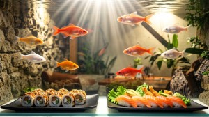 Un acuario luminoso con peces naranjas, blancos y dorados nadando entre rayos de luz que atraviesan el agua desde la parte superior, creando una atmósfera cálida y casi surrealista. En primer plano aparecen dos bandejas negras de sushi: a la izquierda, varios makis enrollados con arroz, alga, sésamo y relleno visible; a la derecha, piezas de nigiri con salmón y una guarnición de lechuga verde, jengibre y otros acompañamientos. El fondo combina rocas, plantas acuáticas y troncos decorativos, como si la comida japonesa estuviera servida dentro de un paisaje submarino tranquilo, con reflejos brillantes, vegetación y peces de colores rodeando la escena.