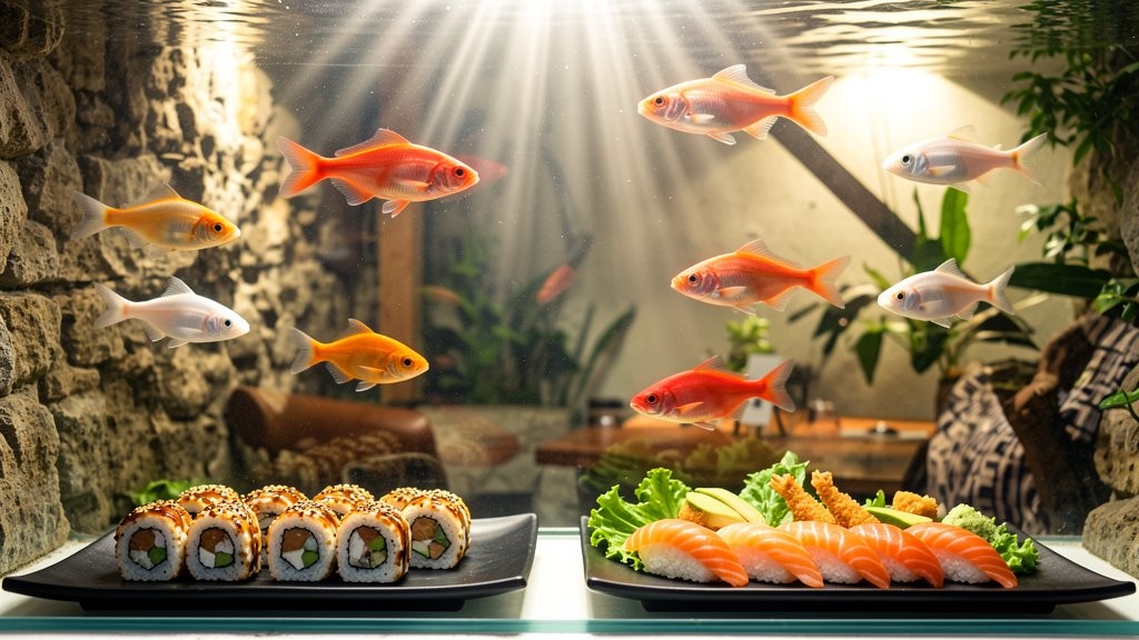 Un acuario luminoso con peces naranjas, blancos y dorados nadando entre rayos de luz que atraviesan el agua desde la parte superior, creando una atmósfera cálida y casi surrealista. En primer plano aparecen dos bandejas negras de sushi: a la izquierda, varios makis enrollados con arroz, alga, sésamo y relleno visible; a la derecha, piezas de nigiri con salmón y una guarnición de lechuga verde, jengibre y otros acompañamientos. El fondo combina rocas, plantas acuáticas y troncos decorativos, como si la comida japonesa estuviera servida dentro de un paisaje submarino tranquilo, con reflejos brillantes, vegetación y peces de colores rodeando la escena.