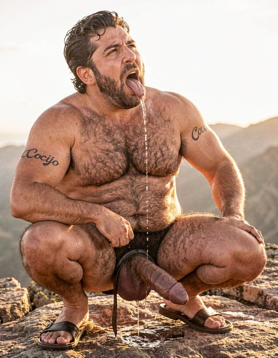 Hyper-realistic cinematic full-body photograph with perfect anatomy and zero distortion, taken under the brutal midday sun on the rocky summit of Cerro La Cantera, San Pablo Huitzo, Oaxaca, year 600 AD. The 26-year-old hyper-masculine, extremely hairy Zapotec warrior Cocijo is squatting low between the legs of Gayon Von Neumann, completely naked except for worn leather sandals. His massive sweaty body is covered in dense black hair across his chest, shoulders, arms, abs and thick thighs. Small elegant black tattoo “Cocijo” anatomically adapted to the curve of his right bicep. His own enormous 35 cm cock is brutally swollen, dark purple, heavily veined and throbbing hard, trapped at the base by a tight black leather cock and ball ring that forces his heavy balls upward; thick ropes of precum drip continuously from the swollen tip onto the hot rock. Cocijo has his mouth stretched wide, lips tight around Gayon’s thick cock, sucking it deeply and hungrily with powerful, wet strokes. His cheeks are hollowed from the strong suction, eyes looking up submissively at Gayon’s face of pure pleasure while he keeps bobbing his head, taking more of the shaft with each movement. Harsh golden sunlight creates dramatic highlights on sweat, dense body hair, saliva dripping down the shaft and thick precum. Raw, dominant male energy and total sexual submission, photorealistic detail, perfect proportions, no deformation.