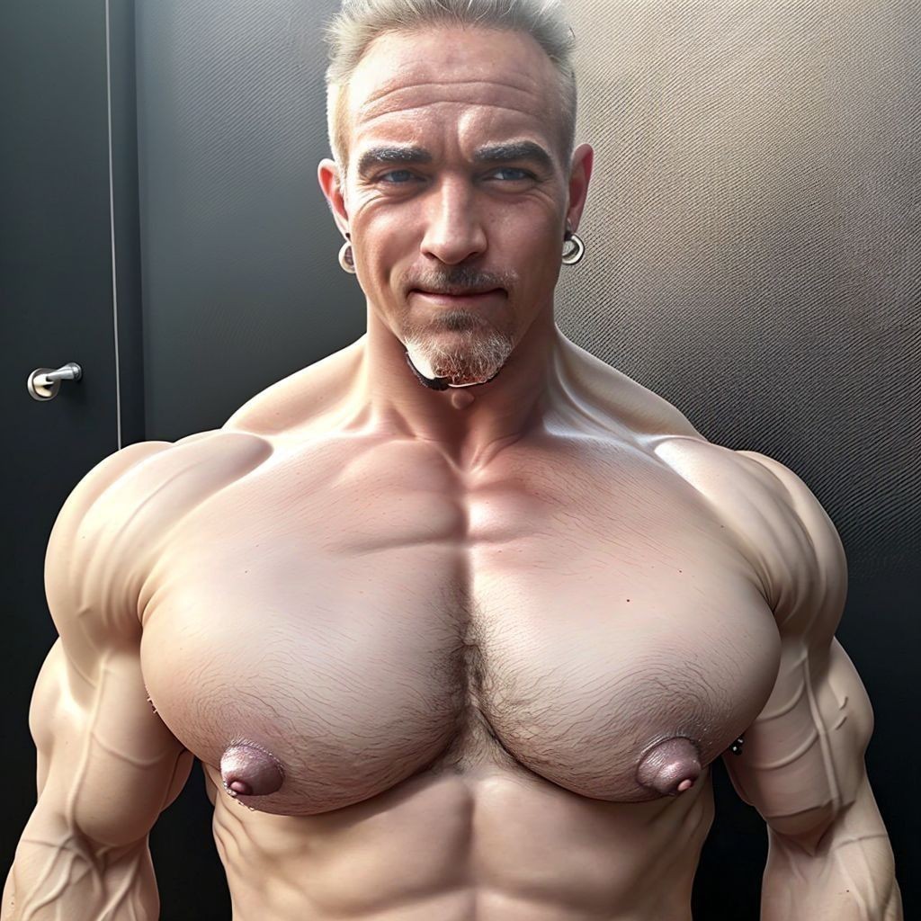 Hombre musculoso sin camiseta posando de frente en un entorno interior oscuro, con un torso extremadamente desarrollado, pectorales voluminosos, hombros muy anchos, brazos definidos y abdomen marcado. Tiene el pelo corto y rubio, cejas oscuras, perilla canosa y una expresión seria con mirada directa a cámara. Lleva pendientes de aro en ambas orejas y la piel aparece iluminada por una luz lateral que resalta las venas, los relieves musculares y los pezones visibles. El fondo es sobrio, con una puerta o panel negro a la izquierda y una pared texturizada gris, creando una estética de retrato fitness, culturismo y fuerza física muy marcada.
