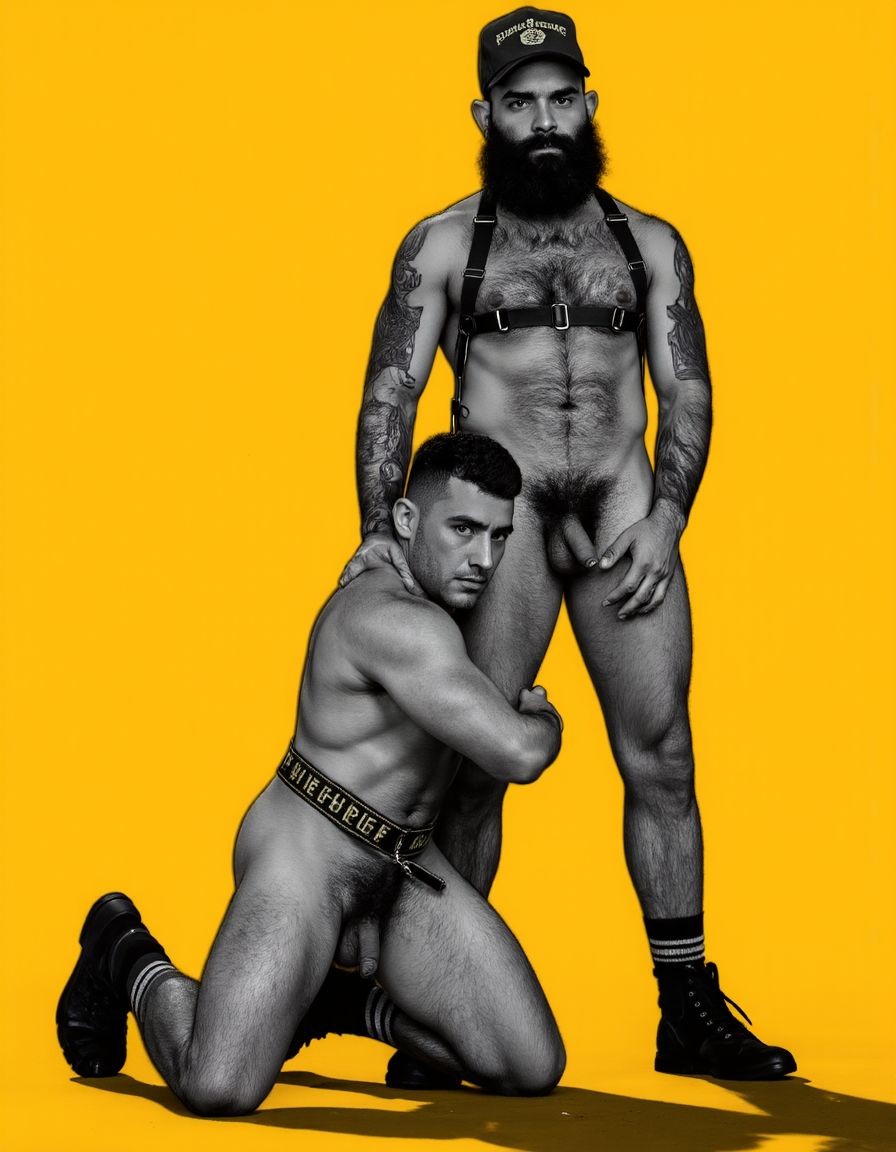 Dibujo realista. Amo barbudo tatuado e hiper masculino, muy musculoso pero muy delgado, con arnés. Tiene un gran pene eyaculando. Lleva gorra militar y unos anillos en los pezones, Un esclavo de rodillas. Respeta la forma y la proporción del cuerpo y se fiel a la forma real sin distorsiones. Fondo amarillo oscuro con los reflejos de las sombras de los cuerpos del amo y el esclavo. Están abrazados