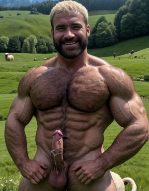 Dos hombres desnudos musculosos velludos están son pastores de ovejas en el prado verde. Están contentos y alegres. Tienen el pene grande de donde sale mucho semen líquido blanco. Tienen los testículos grandes y peludos.