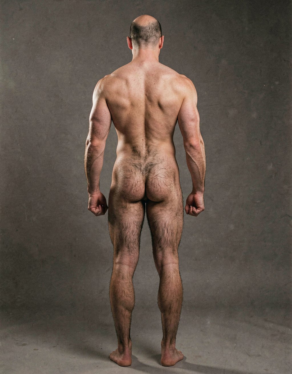 Mike Morris, a 32-year-old extremely lean Caucasian male at only 8% body fat, stands completely naked in a strict military attention pose seen from directly behind in a full posterior view. His back is perfectly straight, shoulders pulled back, arms rigid at his sides with fists clenched, legs straight and together, head held high. The shot captures him from the heels of his feet all the way up to the top of his bald head. His advanced Norwood III-IV baldness is clearly visible from behind, with a smooth tanned scalp on the crown and short dense dark brown hair only on the sides and lower back of the head. His back is highly defined and vascular: wide lats tapering dramatically to a very narrow, tight waist, thick trapezius muscles, and dense dark brown body hair lightly covering the shoulders and becoming much thicker and denser across the lower back and lumbar area, especially between the lats. His ass is tight, muscular and round with almost no fat, the glutes clearly separated. Thick dark hair continues down onto his powerful diamond-shaped calves and the backs of his slightly hairy feet. Dramatic directional studio lighting from above and slightly to the side creates strong highlights on his dry, shredded skin and deep shadows that accentuate every muscle fiber, the texture of his dense back hair, and the extreme vascularity and definition of his 8% body fat physique. Photorealistic, high-contrast, masculine 1970s Colt Studio aesthetic, grainy film texture, commanding and powerful presence. Las piernas están separadas 80 cm. La separación entre los pies es de ochenta centímetros. Se aprecia el surco entre glúteos  con una separación de 4 centímetros entre glúteos, 