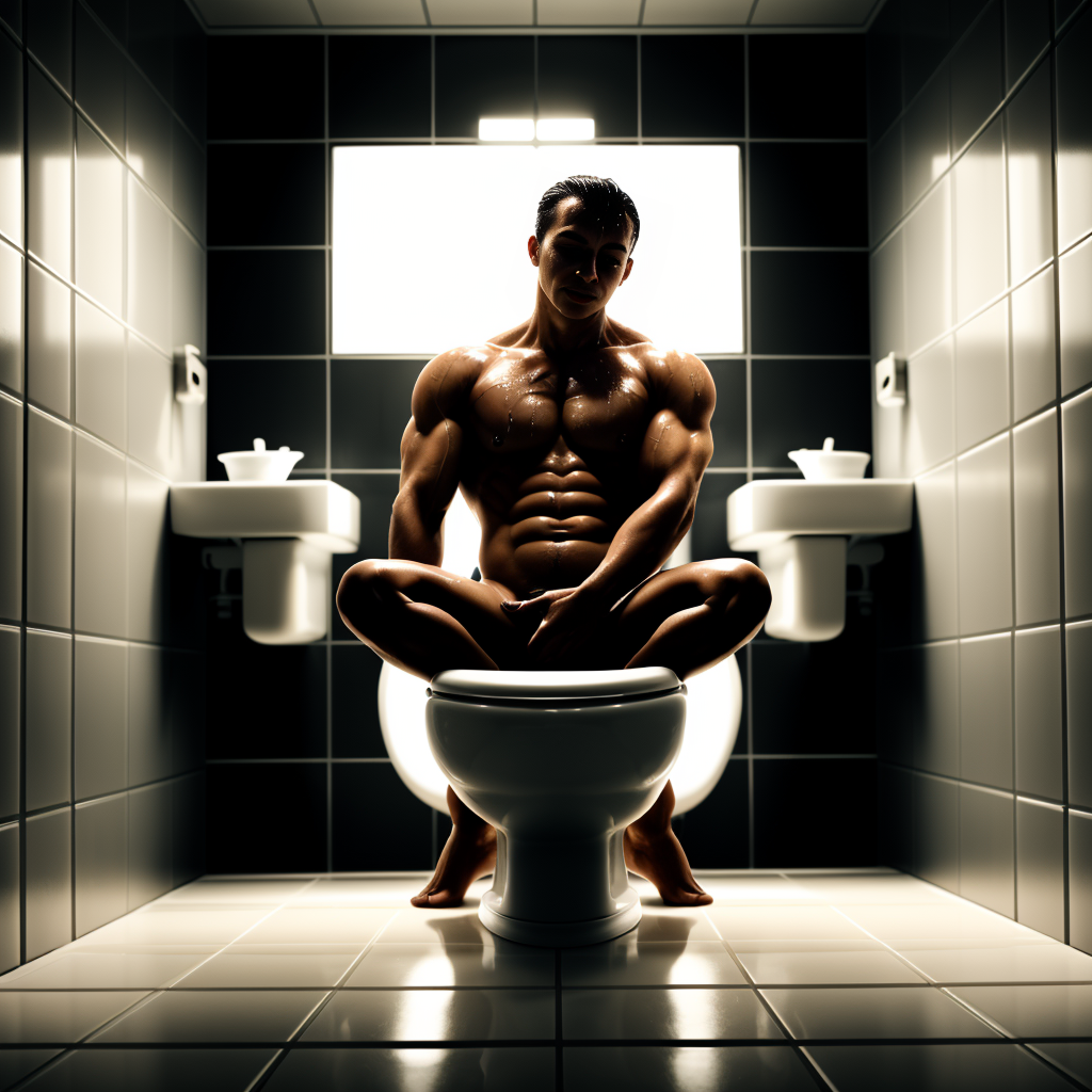 A muscular, nude man appears squatting on a white toilet, with his legs crossed and his hands placed over the pubic area, in a symmetrical and almost sculptural pose. His defined torso, marked abs, shiny pecs, and tense arms stand out under dramatic lighting coming from a rectangular window behind him. The bathroom has dark tiles on the walls and floor, two white sinks on either side, and intense reflections on the tiles, creating a cinematic, polished, high-contrast aesthetic, with an intimate, surreal atmosphere reminiscent of a gym or artistic body photography.