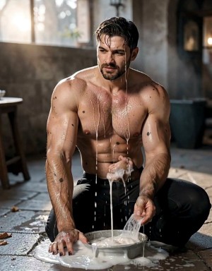 Es un Young men con cuerpo marcado, atlético, promedio, de cuerpo entero, derramando helado sobre su cuerpo, mientras está arrodillado frente a su amo, que está de espaldas y parece un hombre lobo moteado, con poco pelo en el frente de su cuerpo