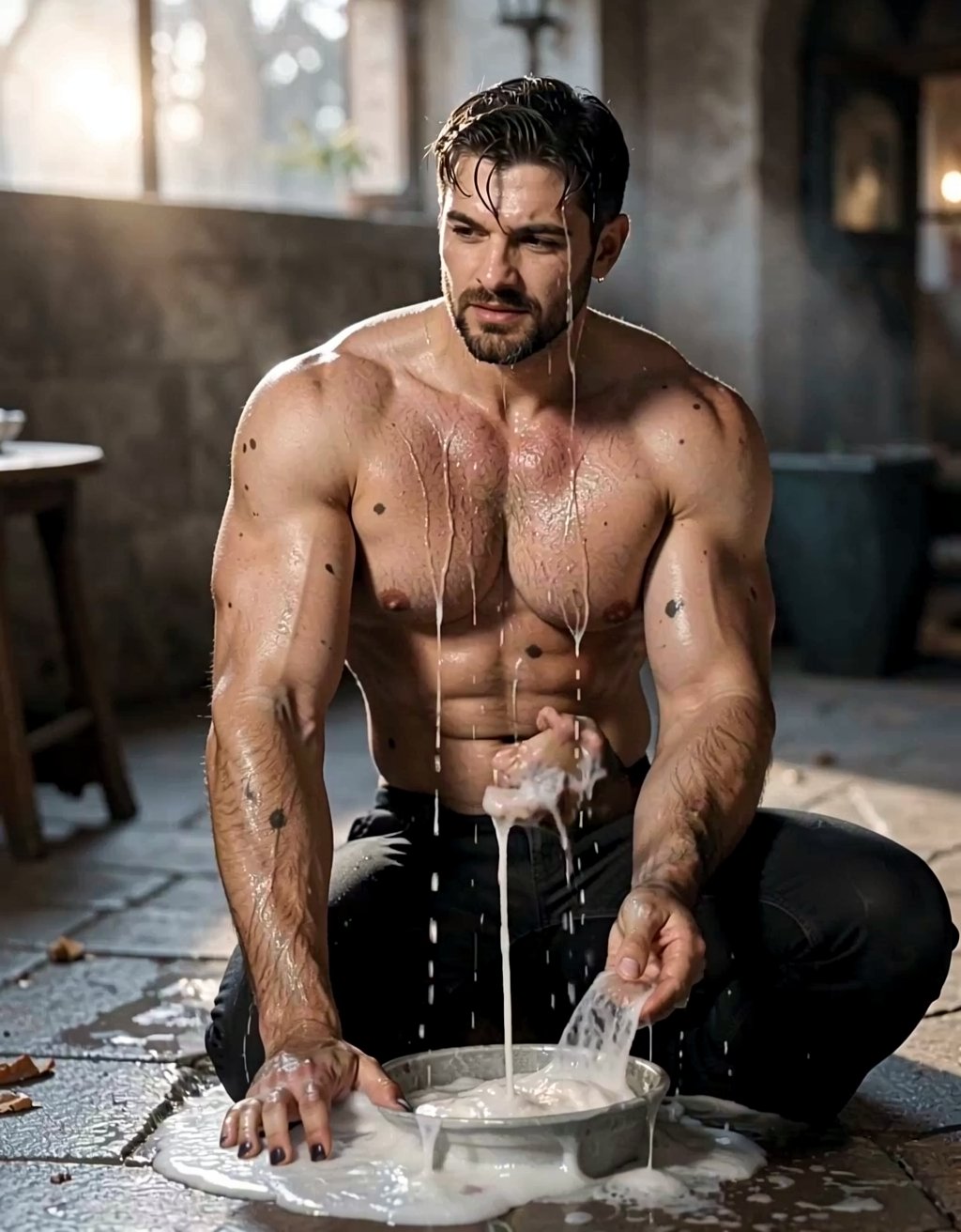 Es un Young men con cuerpo marcado, atlético, promedio, de cuerpo entero, derramando helado sobre su cuerpo, mientras está arrodillado frente a su amo, que está de espaldas y parece un hombre lobo moteado, con poco pelo en el frente de su cuerpo